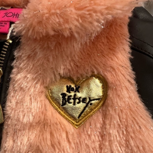 Betsey Johnson Fuzzy Sparkly Peach Coat with Faux Leather Sleeves - Picture 14 of 15